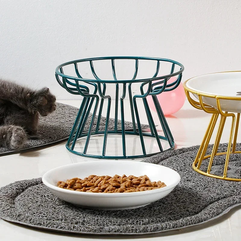 Ceramic Pet Bowl Cat Food Feeding Double Dish Stainless Steel Raised Stand Kitten Dog Water Feeder Durable Pet Accessories