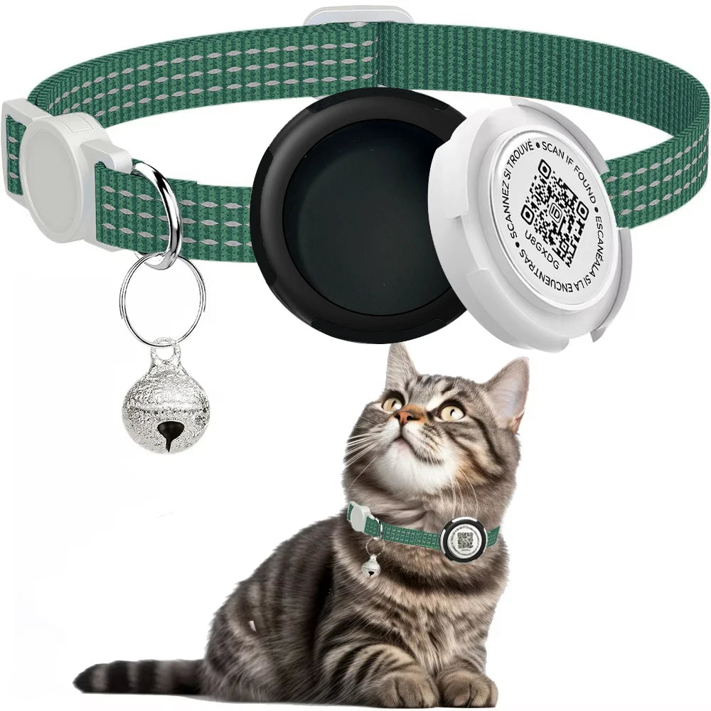 GPS Tracker Cat Collar with Airtag Case & QR ID Tag Dual Protection Reflective Kitten Collar for Cats Gatos Puppy Air Tag Cats