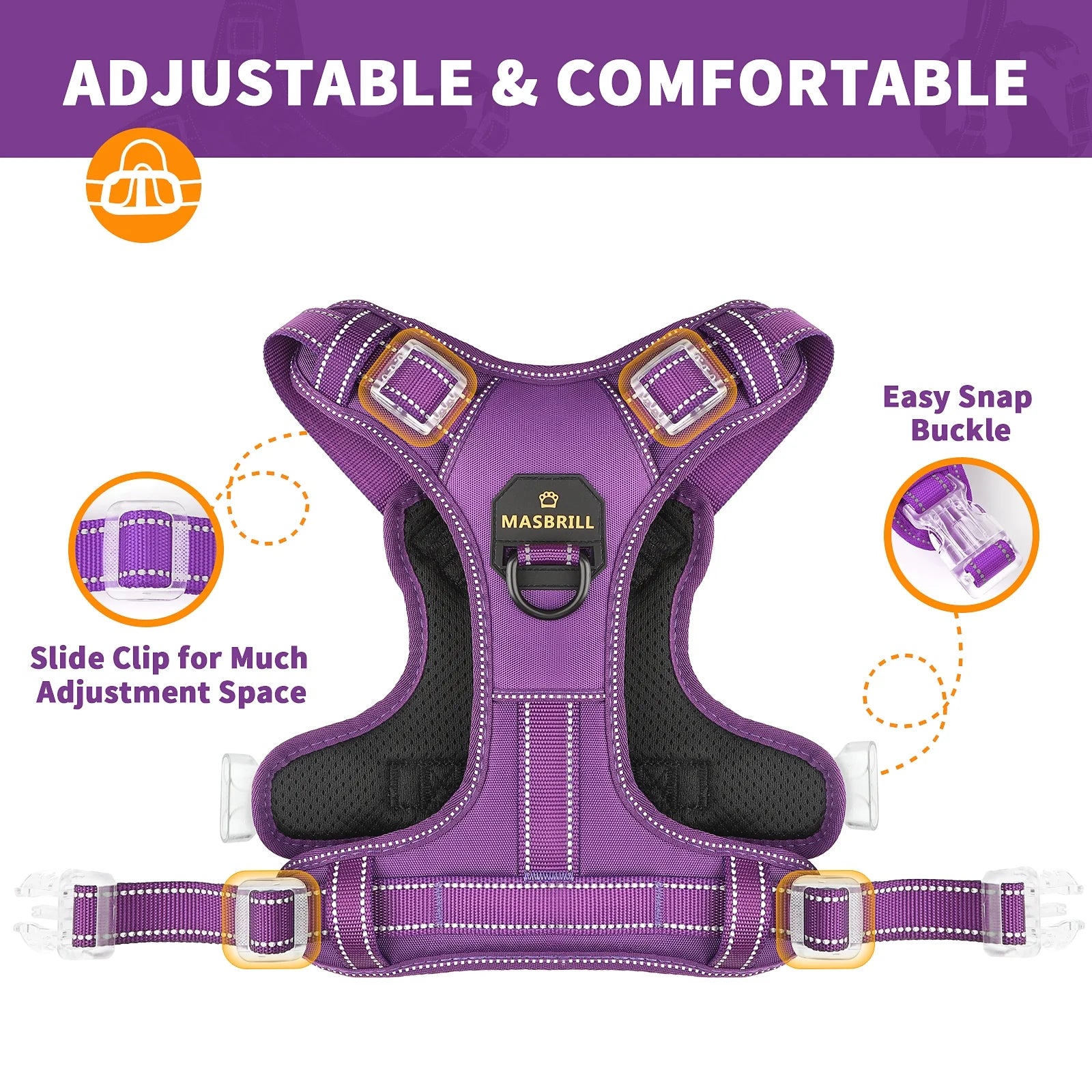 Reflective Dog Harness No Pull Dog Vest Harness with Handle,No Choke Adjustable Soft Padded Pet Vest for Large Dogs,Purple Dog Galters