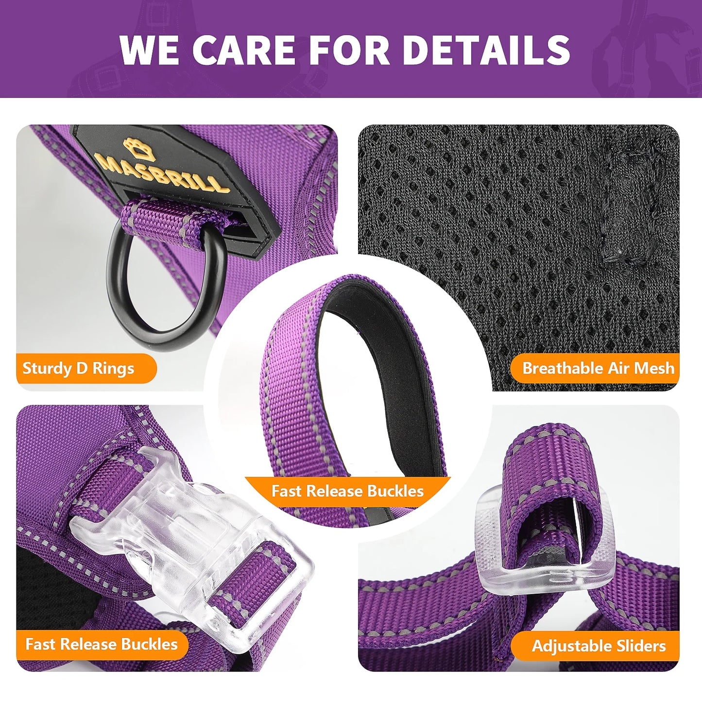 Reflective Dog Harness No Pull Dog Vest Harness with Handle,No Choke Adjustable Soft Padded Pet Vest for Large Dogs,Purple Dog Galters